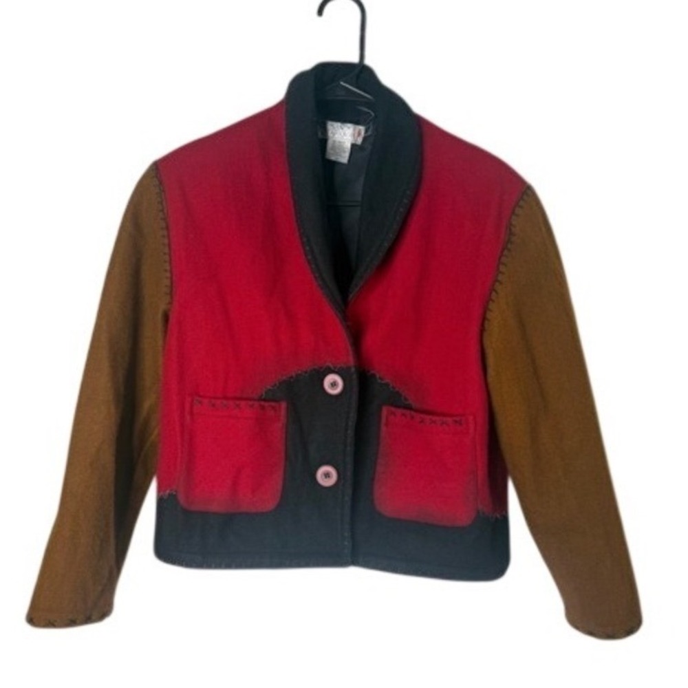Sandy Starkman Vintage Wool Blend Colorblock Blanket Stitch Jacket Red Black M